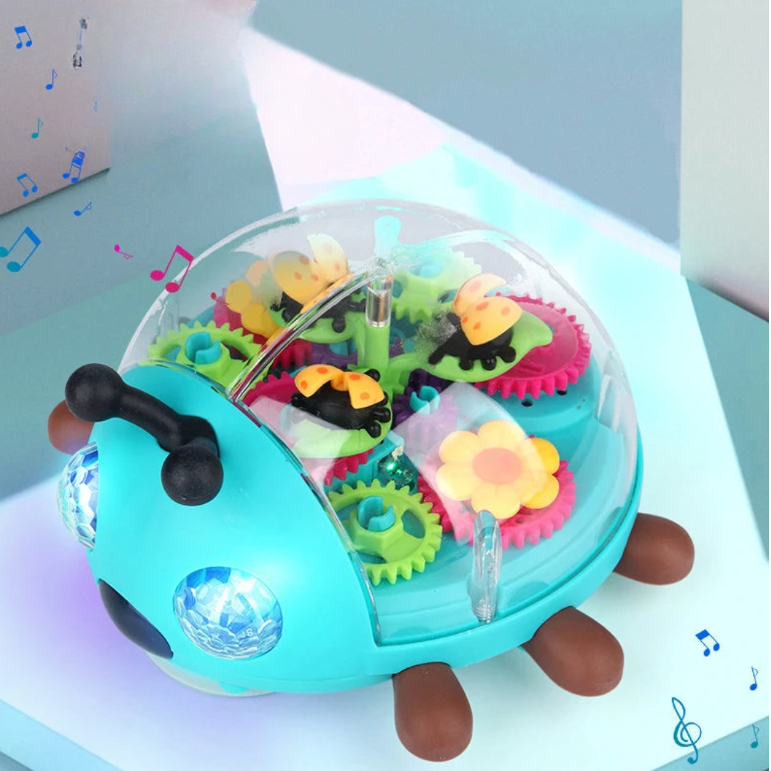 Toddler playing with Interactive Musical Beetle Toy, enhancing motor skills and developmental play.
