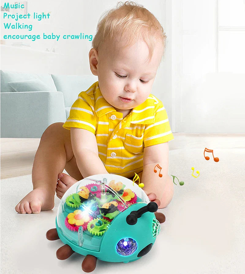 Interactive Musical Beetle Toy for toddlers with flashing lights, promoting crawling and activity.