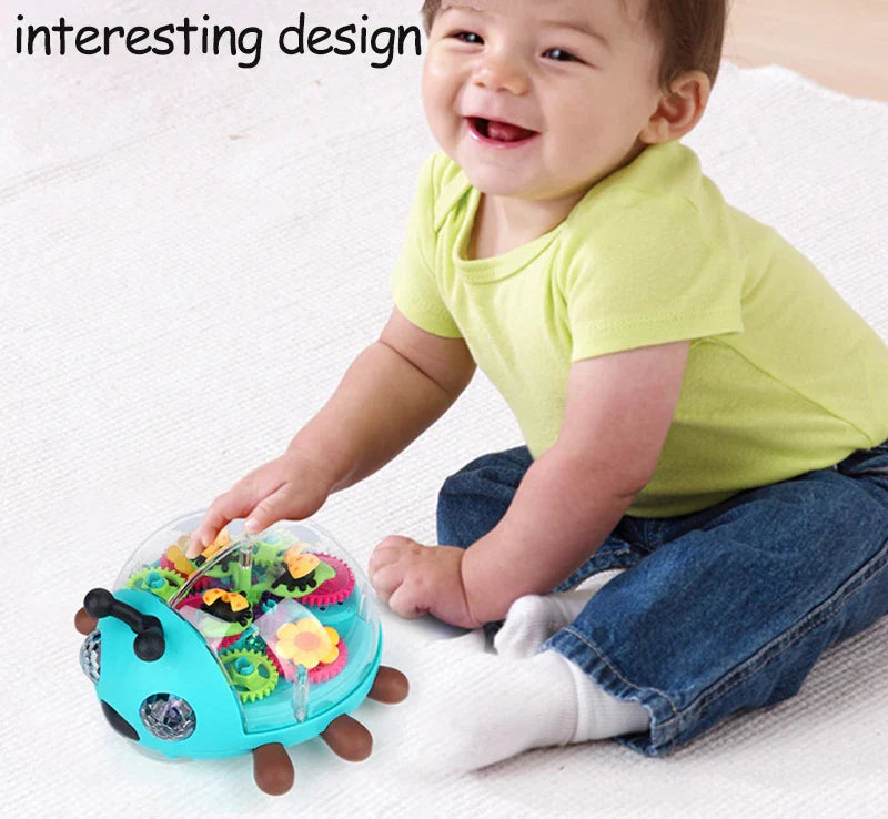 Interactive Musical Beetle Toy moving on a playmat, encouraging toddlers to crawl and engage.