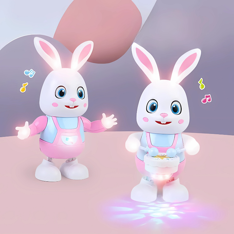 Toddler playing with interactive musical bunny toy, press buttons light up, sing songs