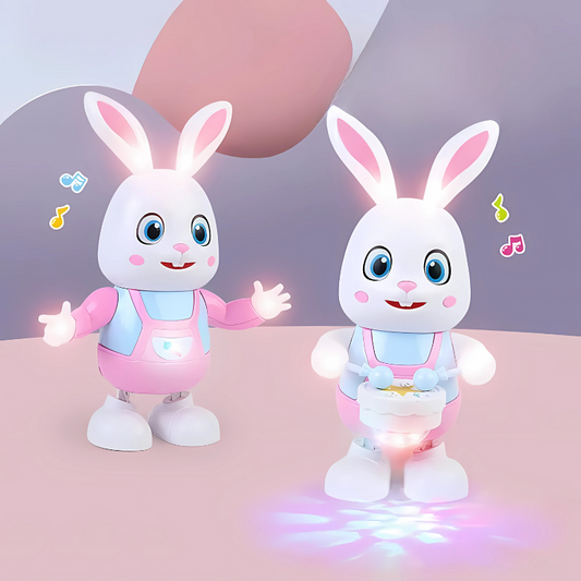 Toddler playing with interactive musical bunny toy, press buttons light up, sing songs