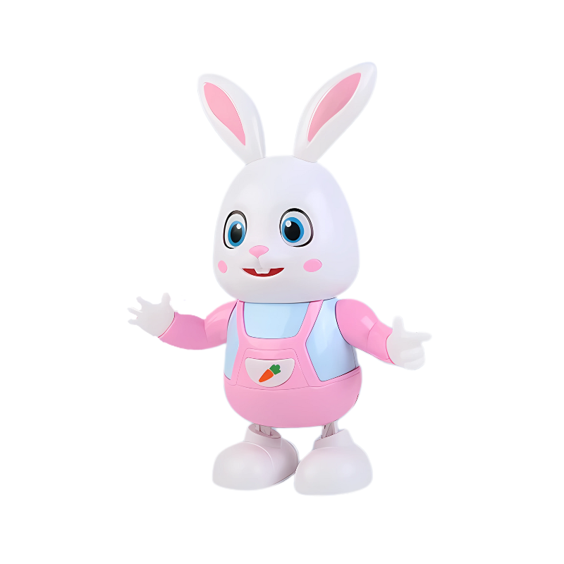 Close-up of interactive musical bunny toy with light-up buttons for toddlers' sensory play