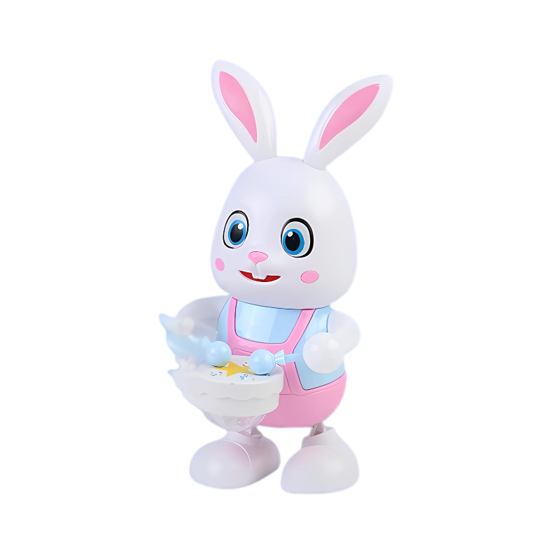 Happy toddler hugging interactive musical bunny toy, perfect for early learning development