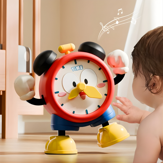 Toddler playing with Interactive Musical Dancing Clock Toy, learning time with lights and sounds