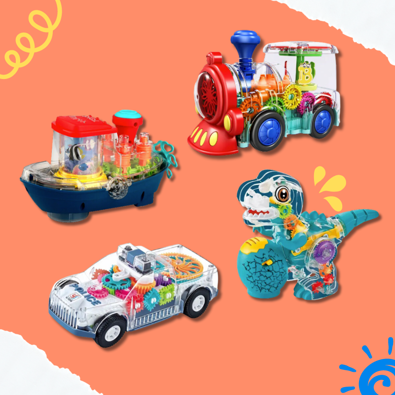 Toddler playing with interactive musical light-up adventure toy, blue and orange vehicle with dinosaur.
