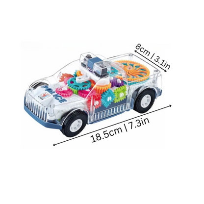 Child's hands exploring an interactive light-up dinosaur vehicle toy, a perfect gift for kids.