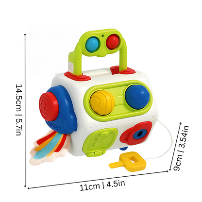 Brightly colored activity cube for toddlers, featuring various sensory play elements