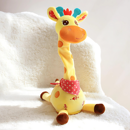 Toddler playing with interactive talking dancing giraffe toy, featuring lights, music, and screen-free fun