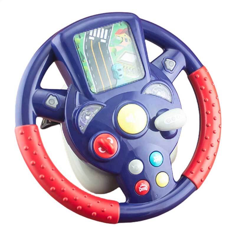 Toddler playing with interactive toy steering wheel, lights and sounds, educational activity.