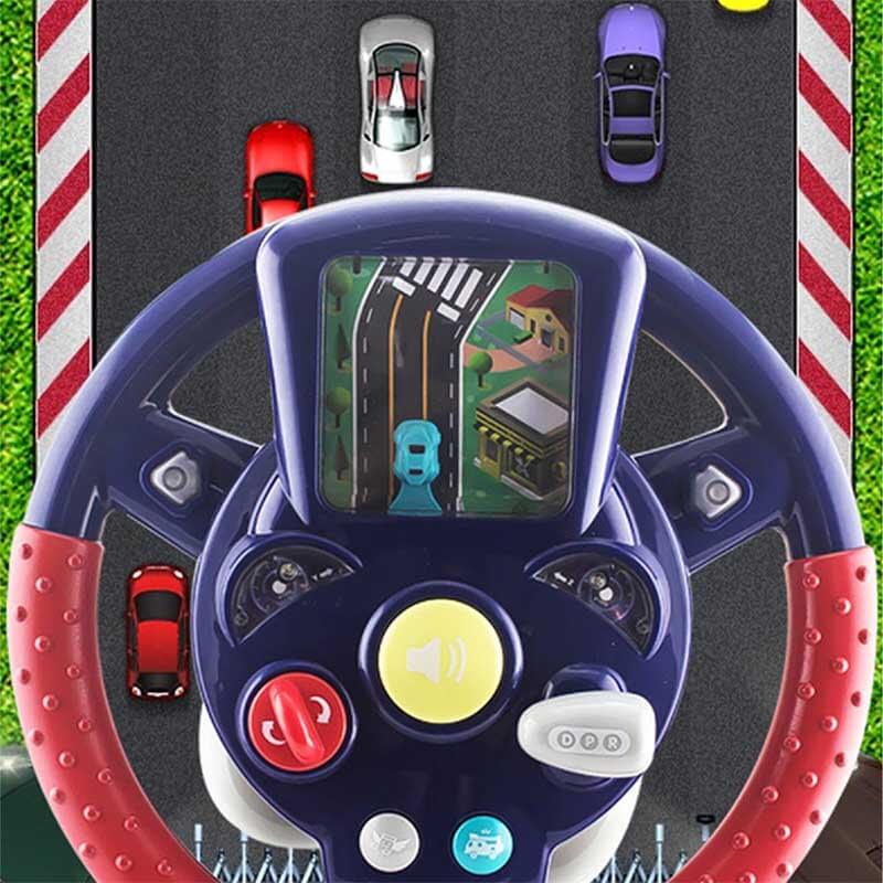 Kids' interactive steering wheel toy with bright lights, sounds, and rotating wheel for imaginative play.
