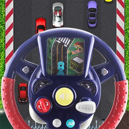 Kids' interactive steering wheel toy with bright lights, sounds, and rotating wheel for imaginative play.