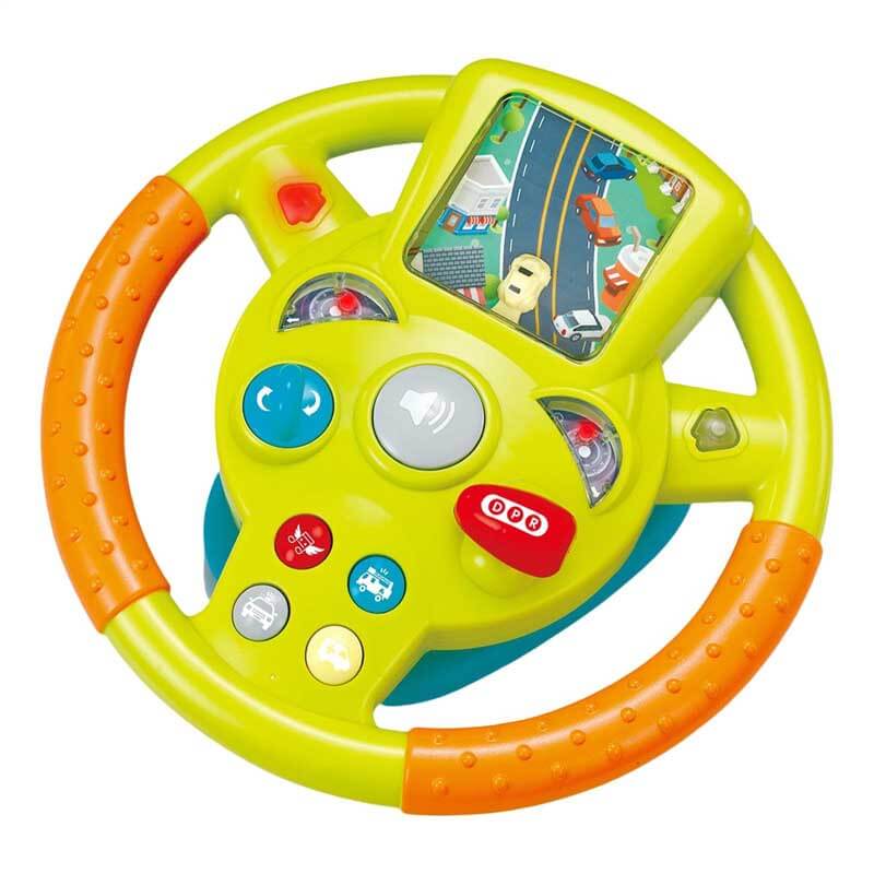 Vibrant kids' activity steering wheel gift with flashing lights and interactive buttons.