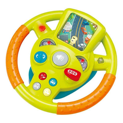 Vibrant kids' activity steering wheel gift with flashing lights and interactive buttons.