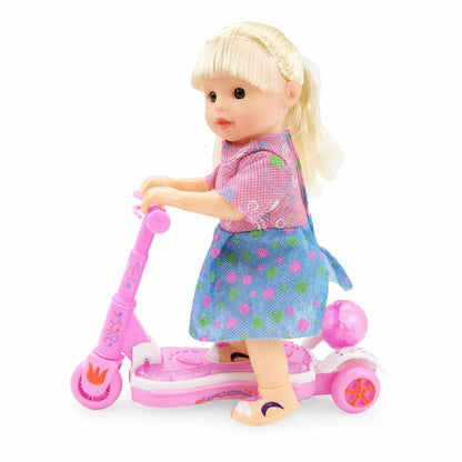 Toddler playing with Kids' Musical Scooter Riding Doll Toy, developing imaginative play skills.