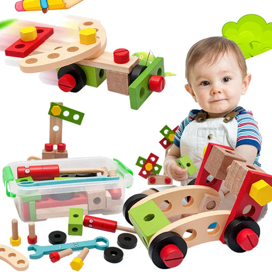 Toddler playing with Kids Wooden DIY Toolbox Play Set, building a toy car, enhancing motor skills