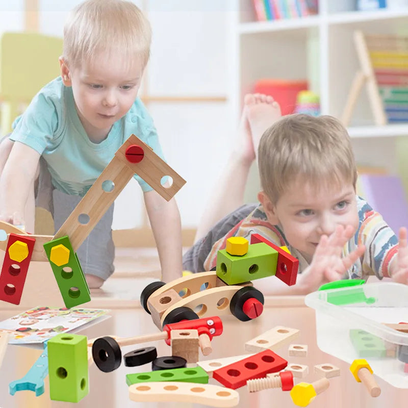 Colorful Kids Wooden DIY Toolbox, a perfect construction toy for creative play and building skills