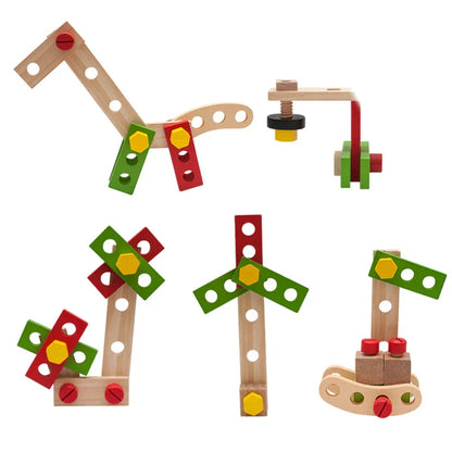 Wooden DIY Toolbox Play Set for toddlers, featuring various tools and screws for hands-on learning