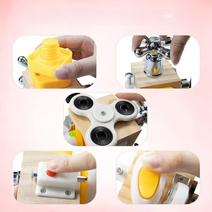 Montessori Busy Cube educational toy featuring colorful latches and gears for sensory play.