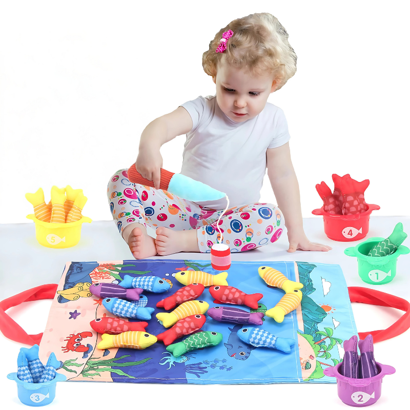 Toddler playing with Montessori Fishing Play Set, a colorful educational toy for sensory learning and fine motor skills.