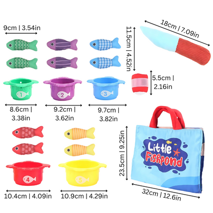Close-up of Kids' Montessori Fishing Play Set with wooden fish and magnetic rod, ideal for preschool learning and development.