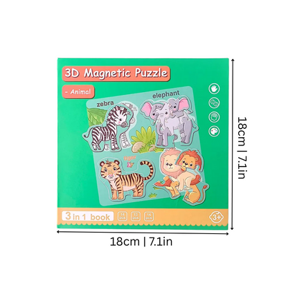 Montessori Magnetic Puzzle Activity Book open, showing colorful animal magnets for educational toddler play.
