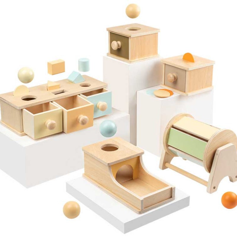 Montessori wooden activity box with shape sorters and locks for toddler learning