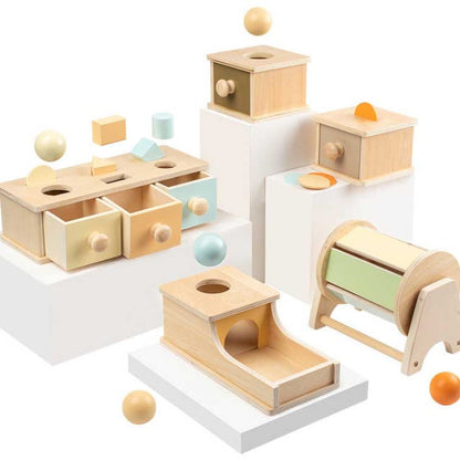 Montessori wooden activity box with shape sorters and locks for toddler learning