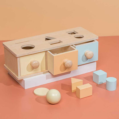 Colorful wooden Montessori activity box designed for baby learning and developmental skills