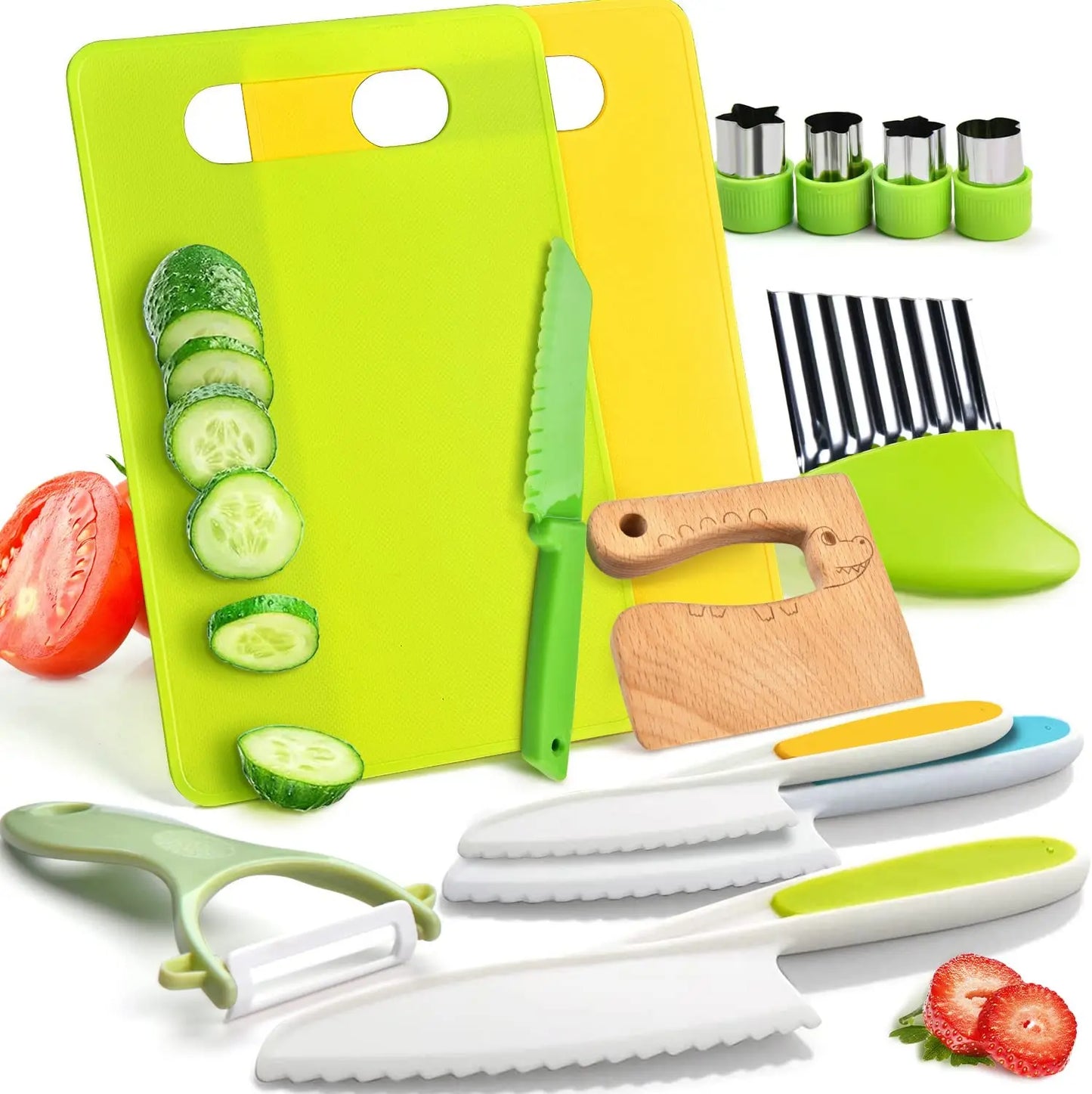 Toddler playing with Montessori wooden knife & cutting fruit in a safe kitchen playset, promoting fine motor skills