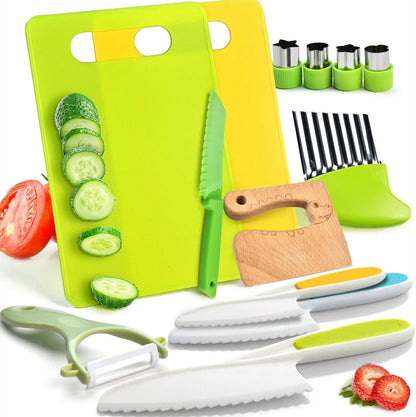 Toddler playing with Montessori wooden knife & cutting fruit in a safe kitchen playset, promoting fine motor skills