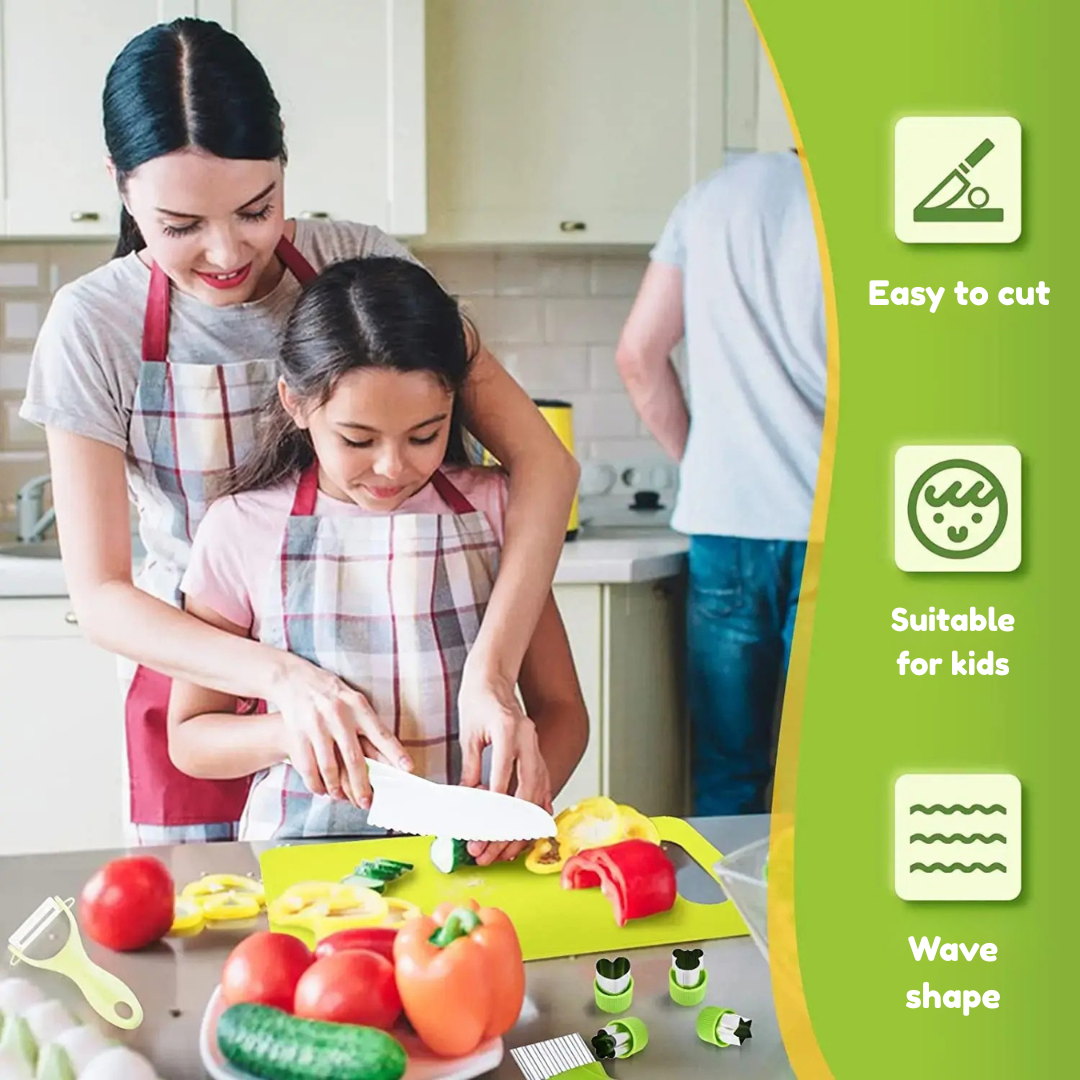 Colorful plastic vegetables and fruits with a safe wooden knife on a cutting board from a kids' kitchen playset
