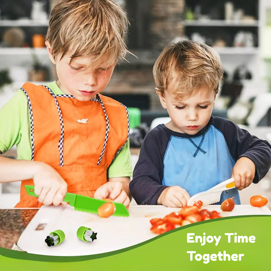 Close-up of a child's hand using a Montessori wooden knife to cut toy food, part of a safe kitchen playset