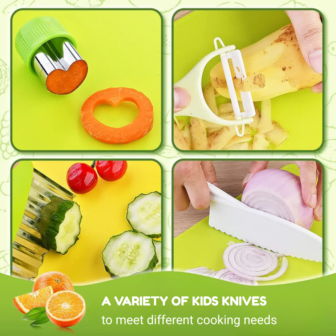Montessori-inspired kitchen playset with various plastic food items and child-safe cutting utensils on display