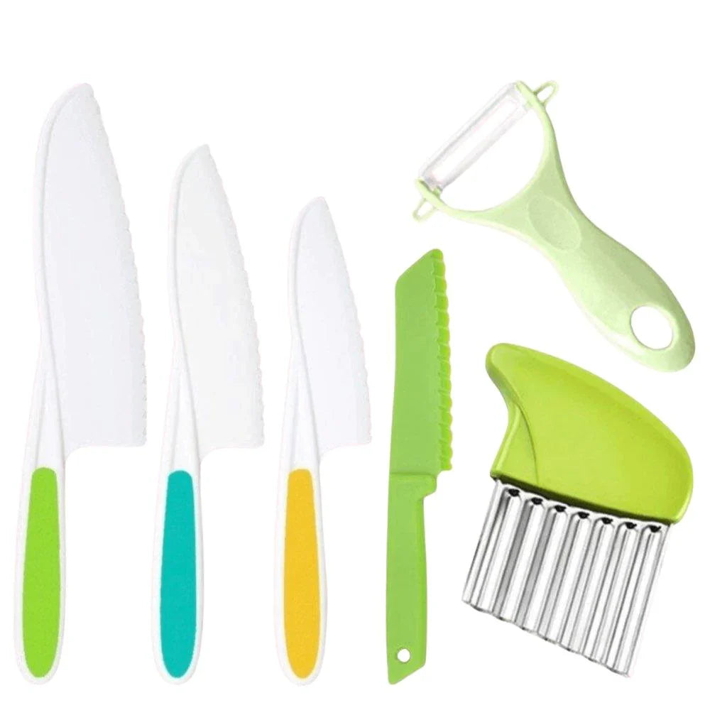 Complete kids' safe kitchen playset featuring a wooden cutting board, Montessori tools, and colorful play food for learning