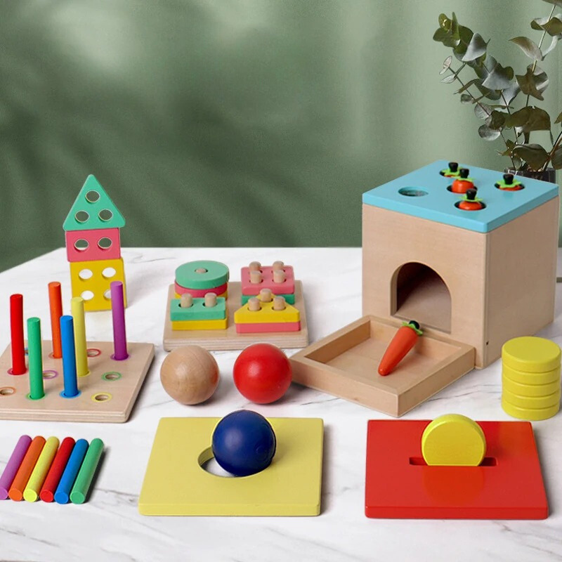 Toddler playing with Montessori wooden puzzle, developing fine motor skills & cognitive development. Educational toy.