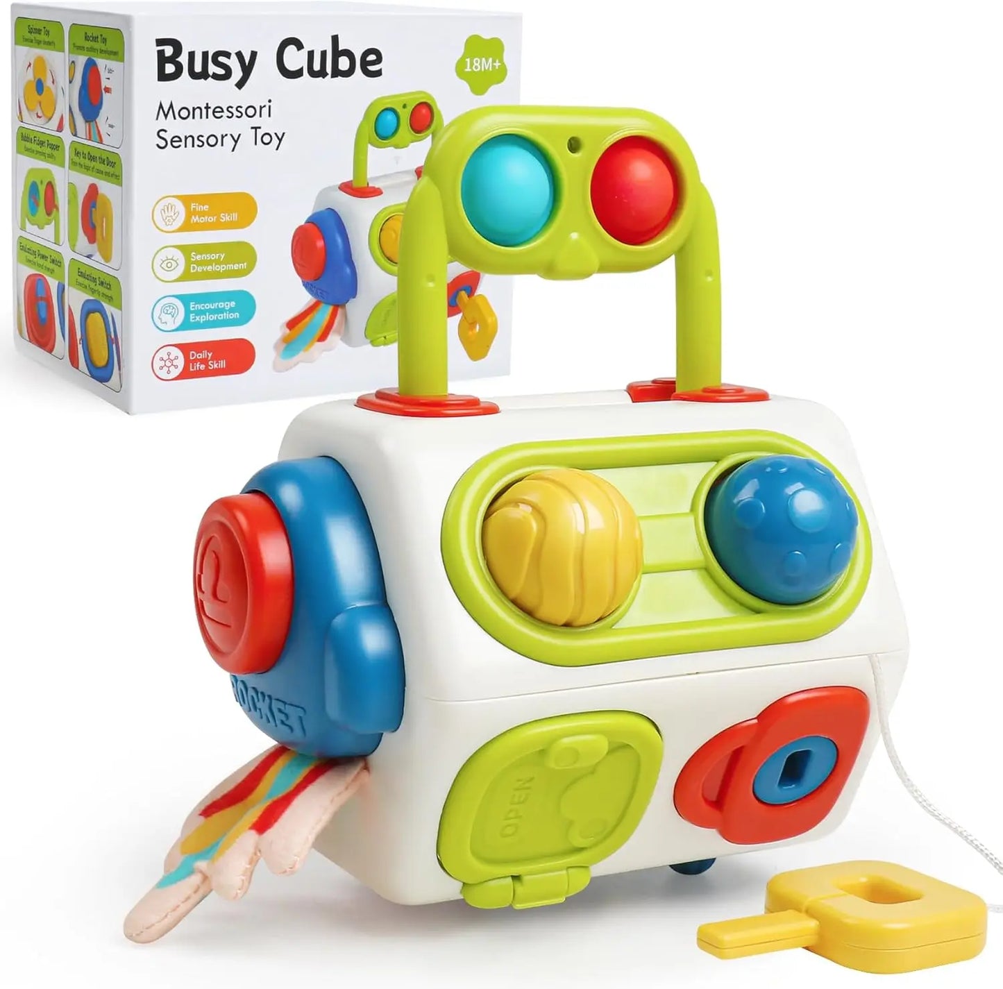 Toddler playing with multi-sided sensory activity cube, enhancing motor skills & learning