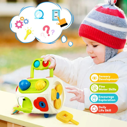 Brightly colored children's sensory activity cube with various textures and shapes for play