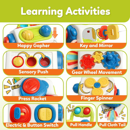 Close-up of a preschooler's hands engaging with a tactile activity cube, developing fine motor skills