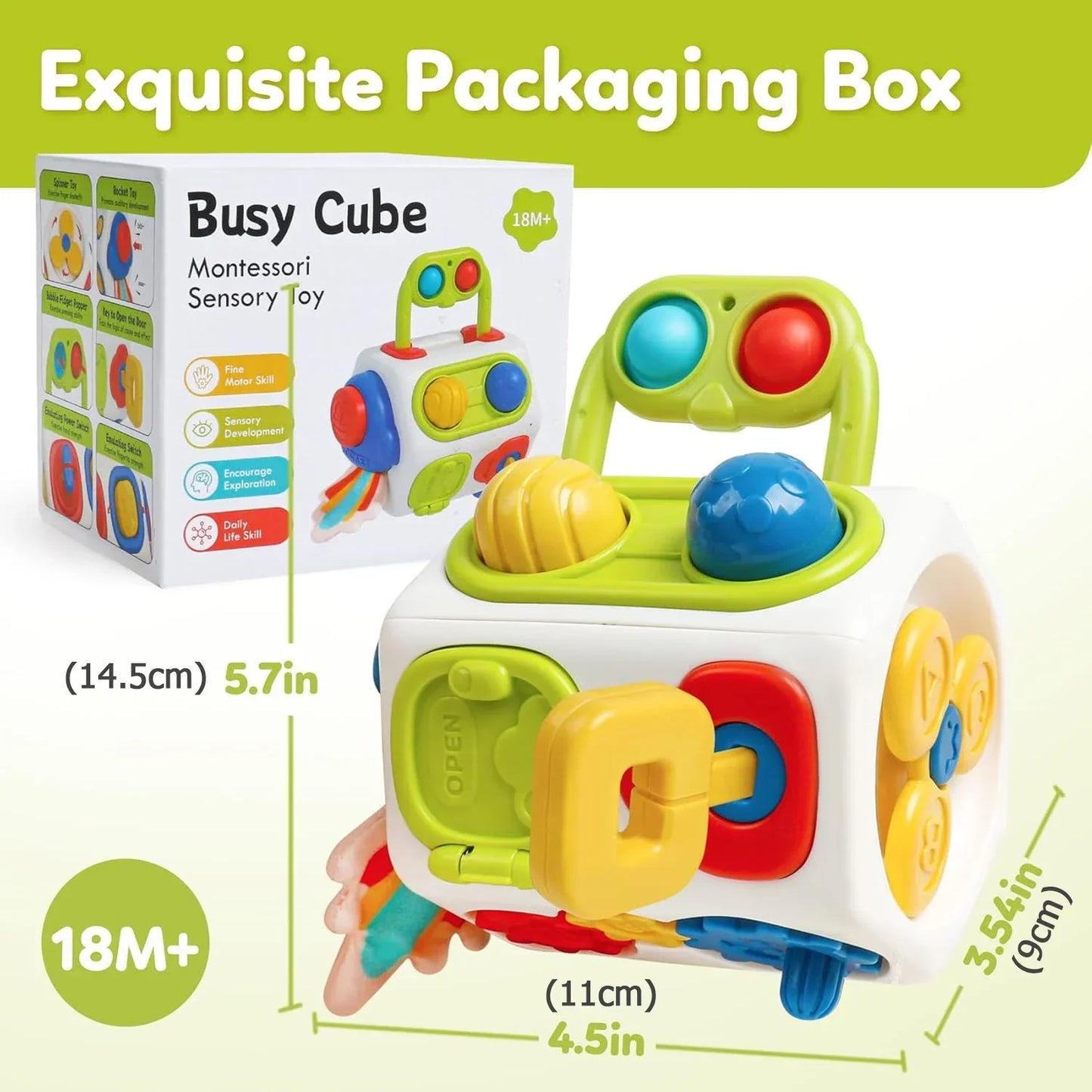 Activity cube for toddlers featuring manipulative elements, promotes sensory development