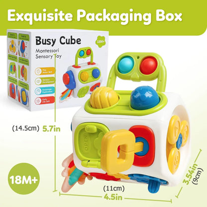 Activity cube for toddlers featuring manipulative elements, promotes sensory development