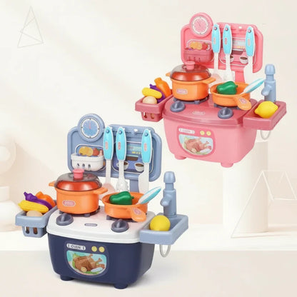 Toddler playing with non-toxic wooden interactive play kitchen set, fostering imaginative play.