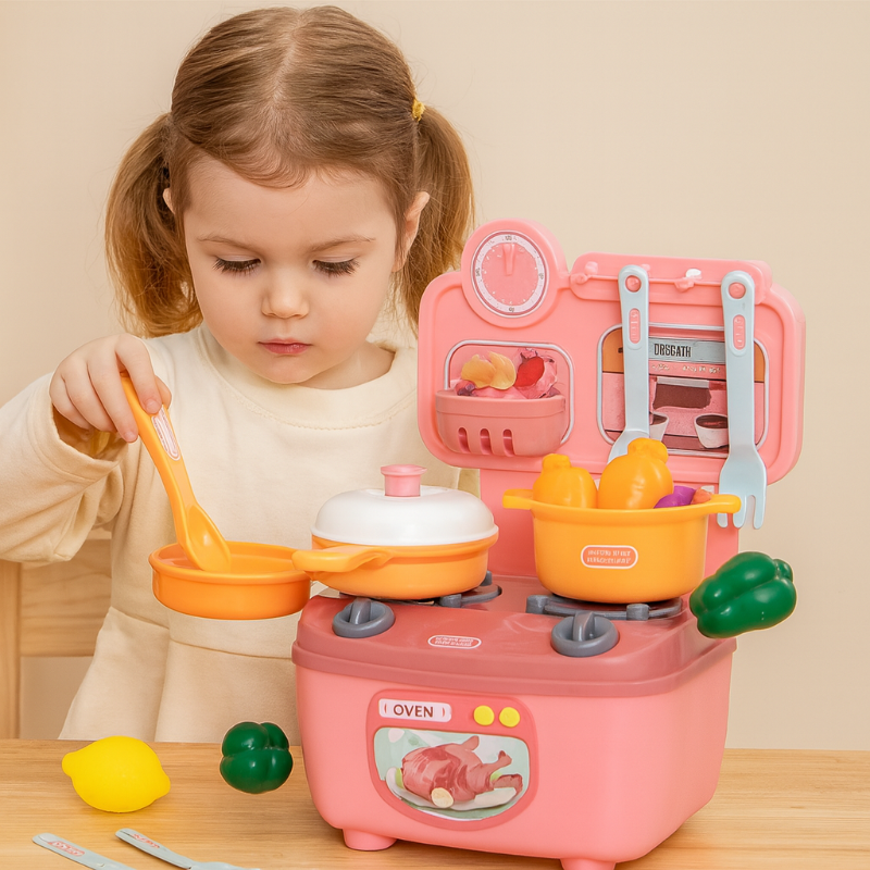 Educational kids play kitchen set with colorful accessories for fun role-playing activities.