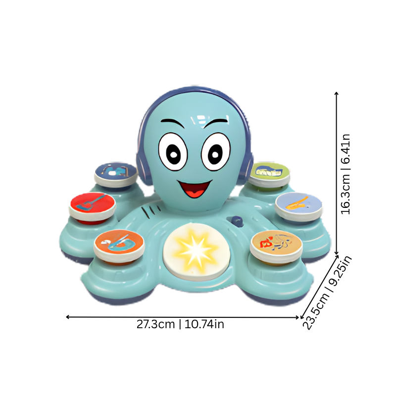 Close-up of Octobeats interactive musical octopus toy with flashing lights for infants.