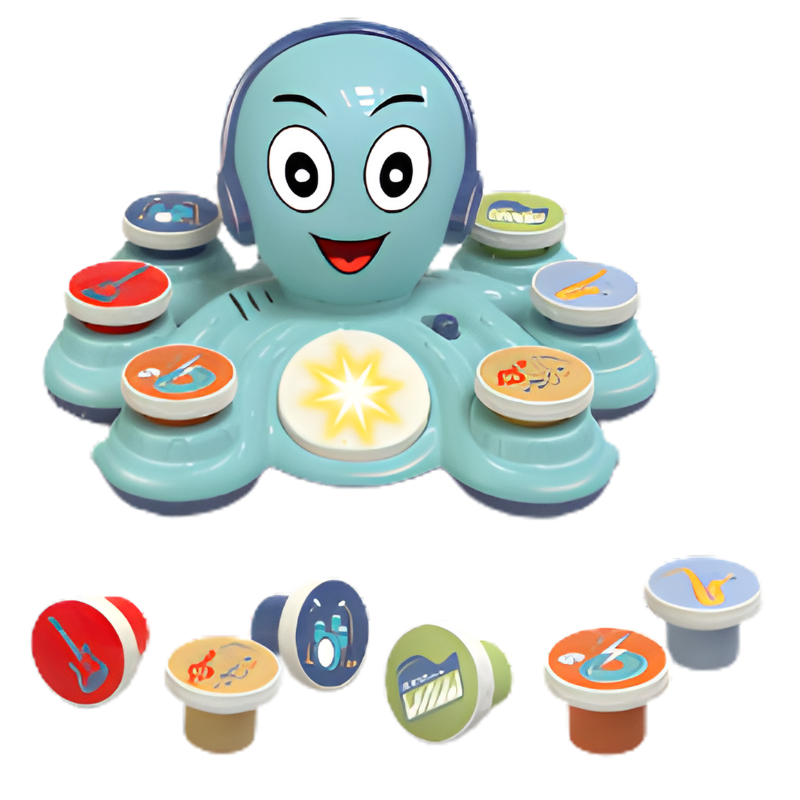 Educational musical octopus toy for early development, featuring stackable rings for toddlers.