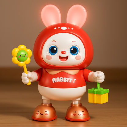 Toddler playing with red musical dancing rabbit toy, sensory, tummy time activity, baby gift