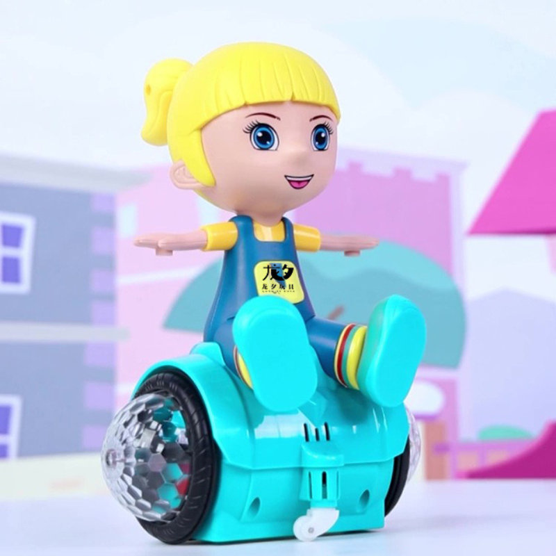 Toddler playing with unisex musical rotating stunt car toy, developing motor skills, with colorful lights & sounds