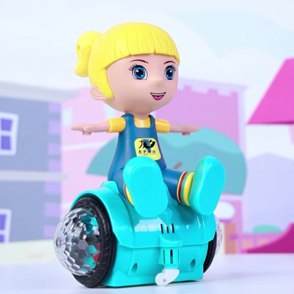 Toddler playing with unisex musical rotating stunt car toy, developing motor skills, with colorful lights & sounds