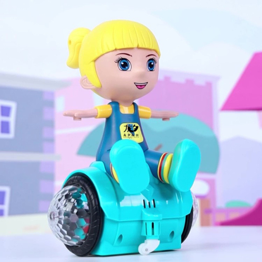 Toddler playing with unisex musical rotating stunt car toy, developing motor skills, with colorful lights & sounds