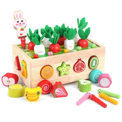 Close-up of a toddler's hands arranging wooden animal puzzles on a farm-themed board.