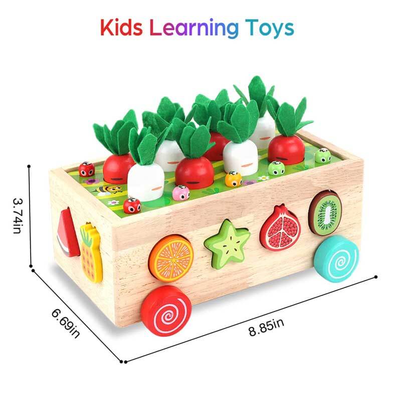 Wooden cow and pig figures, part of a Montessori fine motor skills toy set for children.
